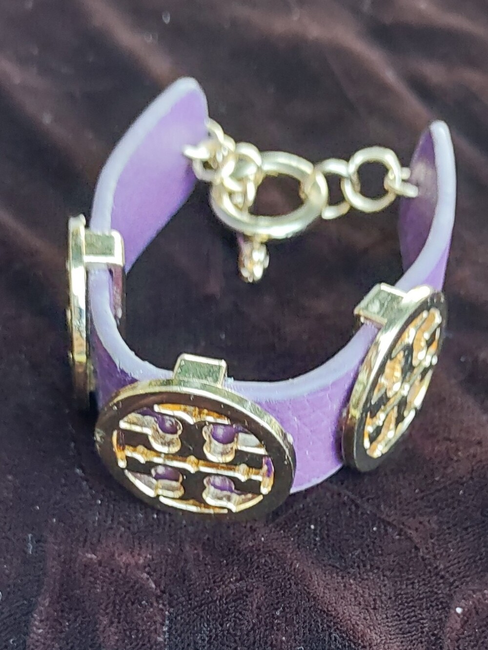 Tory Burch Vintage Purple Leather With Metal Bracelet Three Goldtone Icons